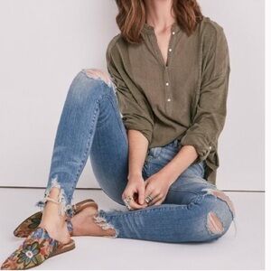 Lucky Brand Woven Mix Gauzy Henley Top Loose Fit